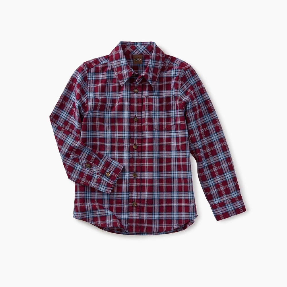 Lakeshore Plaid Botton. Color Red/ Light Blue.